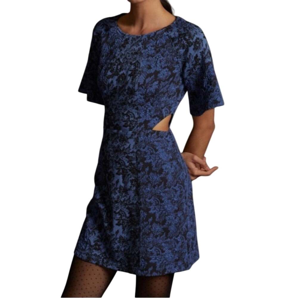 Anthropologie Jacquard Print Floral Side Cutout Mini Dress Blue Black Size 8